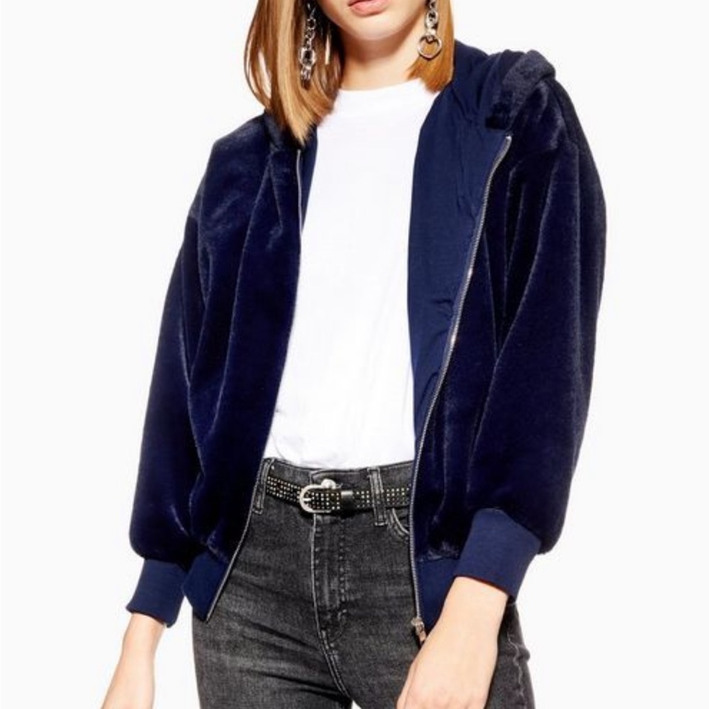 ISO TOPSHOP NAVY FAUX FUR HOODIE